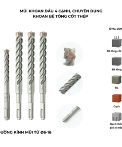 Mũi khoan bê tông 4 cạnh, chân sds - plus, dài 140-150mm