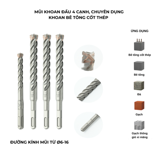 Mũi khoan bê tông 4 cạnh, chân sds - plus, dài 140-150mm