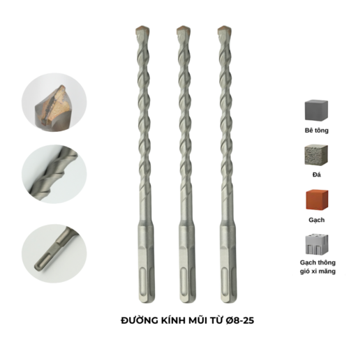 Mũi khoan bê tông 2 cạnh, chân sds - plus, dài 200mm