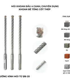 Mũi khoan bê tông 4 cạnh, chân sds - plus, dài 200mm