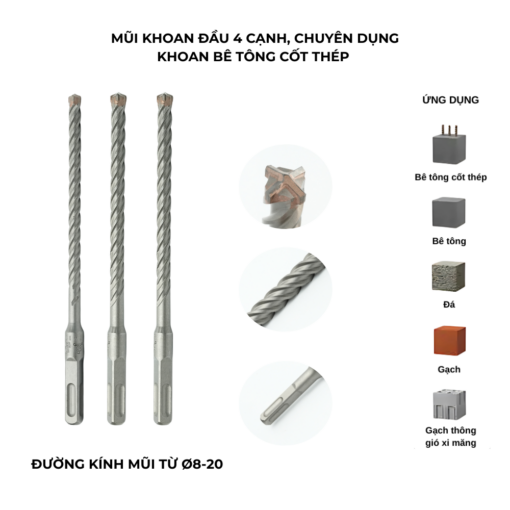 Mũi khoan bê tông 4 cạnh, chân sds - plus, dài 200mm