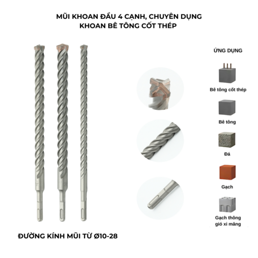 Mũi khoan bê tông 4 cạnh, chân sds - plus, dài 350mm